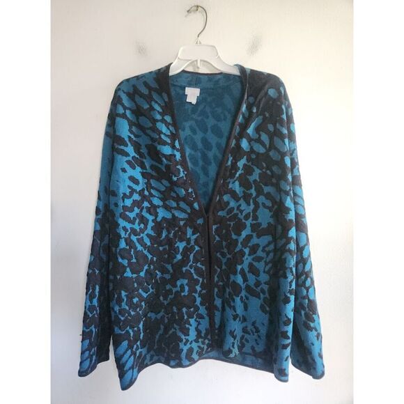 Chico's Black & Teal Blue Floral Cotton Hook & Eye Cardigan Sweater size 2/Large - Picture 1 of 9
